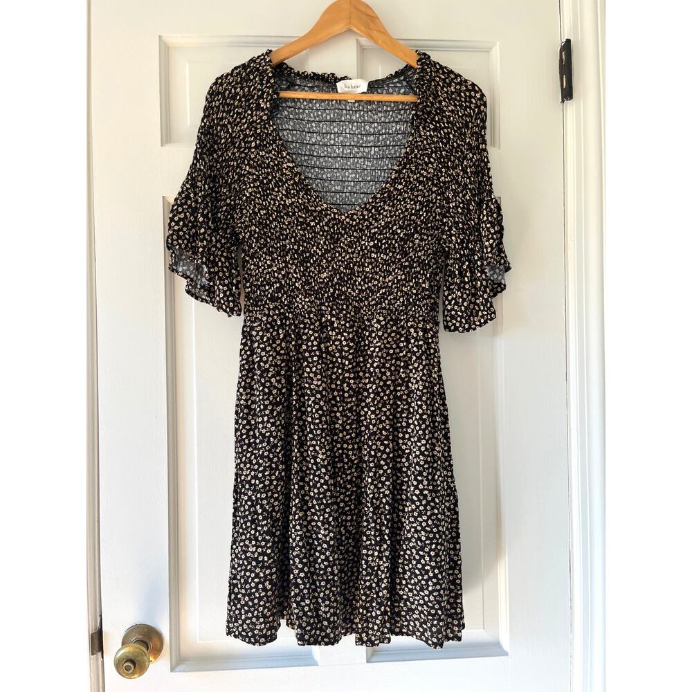 Bohme Moxie Smocked Floral Mini Dress Romantic Cottagecore Bell Sleeve S ✨ - Picture 2 of 9